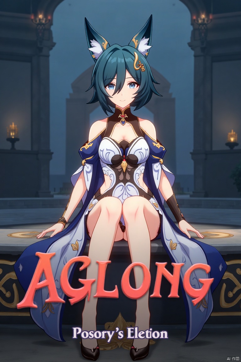 A cinematic movie poster featuring Yukong, a solo 1girl character, sitting with legs crossed, looking directly at the viewer. She has short blue hair with bangs, a hair ornament, and strands of hair between her eyes. Her blue eyes are expressive, and she wears a dress with bare shoulders and detached sleeves, showcasing medium breasts. Animal ears adorn her head, and she is dressed in high heels. The poster includes three-dimensional text AGlong prominently in the middle, with the poster theme below it. The scene is illuminated with dramatic lighting, emphasizing her elegant pose and attire, set against a cinematic background with a focus on her full-body presence.