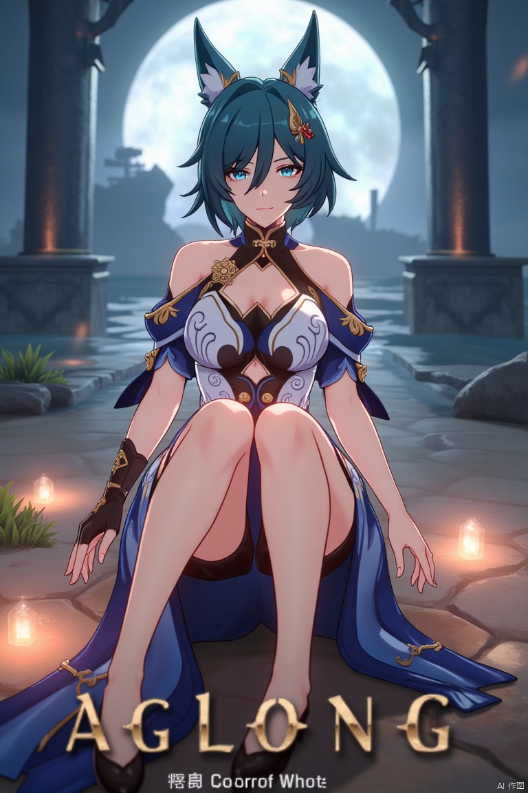 A cinematic movie poster featuring Yukong, a solo 1girl character, sitting with legs crossed, looking directly at the viewer. She has short blue hair with bangs, a hair ornament, and strands of hair between her eyes. Her blue eyes are expressive, and she wears a dress with bare shoulders and detached sleeves, showcasing medium breasts. Animal ears adorn her head, and she is dressed in high heels. The poster includes three-dimensional text AGlong prominently in the middle, with the poster theme below it. The scene is illuminated with dramatic lighting, emphasizing her elegant pose and attire, set against a cinematic background with a focus on her full-body presence.
