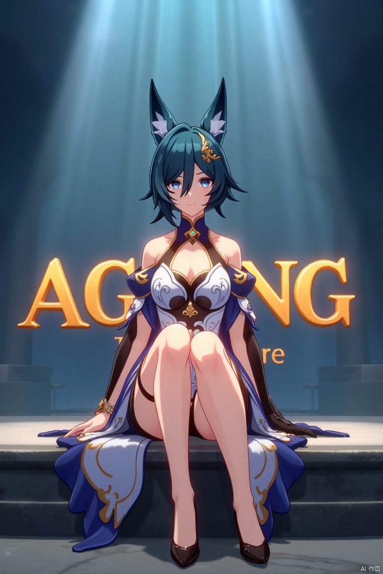 A cinematic movie poster featuring Yukong, a solo 1girl character, sitting with legs crossed, looking directly at the viewer. She has short blue hair with bangs, a hair ornament, and strands of hair between her eyes. Her blue eyes are expressive, and she wears a dress with bare shoulders and detached sleeves, showcasing medium breasts. Animal ears adorn her head, and she is dressed in high heels. The poster includes three-dimensional text AGlong prominently in the middle, with the poster theme below it. The scene is illuminated with dramatic lighting, emphasizing her elegant pose and attire, set against a cinematic background with a focus on her full-body presence.