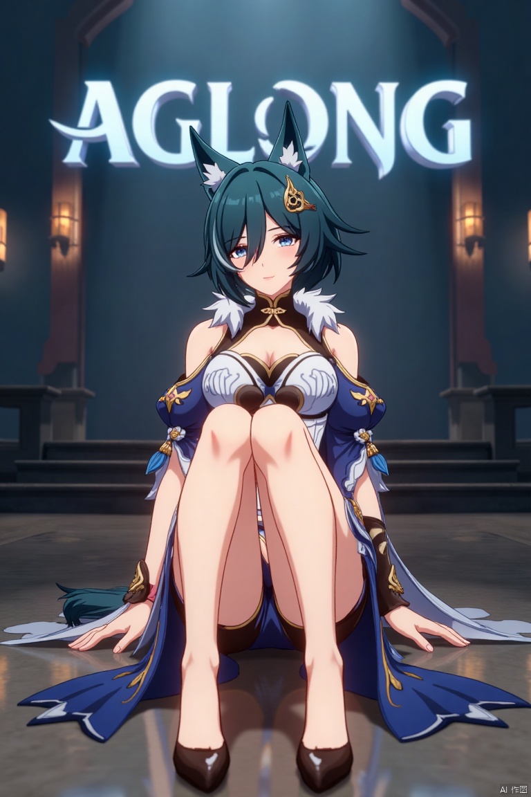 A cinematic movie poster featuring Yukong, a solo 1girl character, sitting with legs crossed, looking directly at the viewer. She has short blue hair with bangs, a hair ornament, and strands of hair between her eyes. Her blue eyes are expressive, and she wears a dress with bare shoulders and detached sleeves, showcasing medium breasts. Animal ears adorn her head, and she is dressed in high heels. The poster includes three-dimensional text AGlong prominently in the middle, with the poster theme below it. The scene is illuminated with dramatic lighting, emphasizing her elegant pose and attire, set against a cinematic background with a focus on her full-body presence.