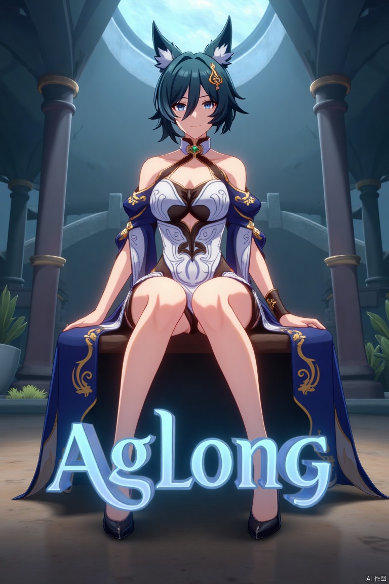 A cinematic movie poster featuring Yukong, a solo 1girl character, sitting with legs crossed, looking directly at the viewer. She has short blue hair with bangs, a hair ornament, and strands of hair between her eyes. Her blue eyes are expressive, and she wears a dress with bare shoulders and detached sleeves, showcasing medium breasts. Animal ears adorn her head, and she is dressed in high heels. The poster includes three-dimensional text AGlong prominently in the middle, with the poster theme below it. The scene is illuminated with dramatic lighting, emphasizing her elegant pose and attire, set against a cinematic background with a focus on her full-body presence.