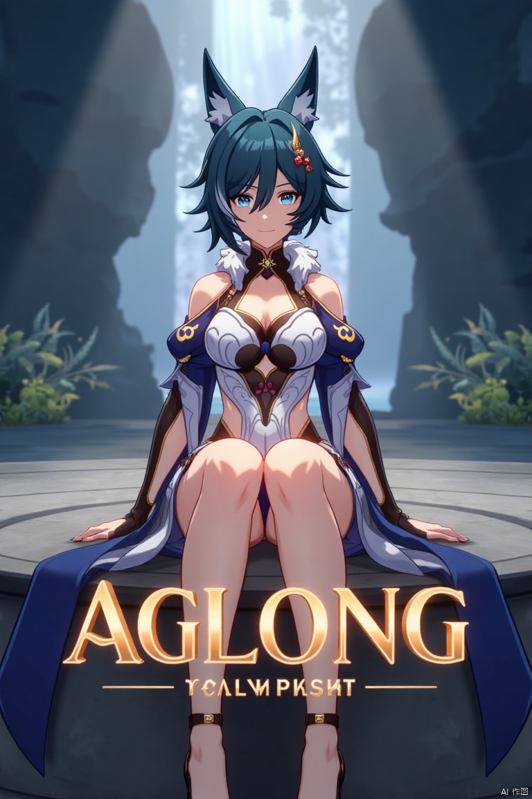 A cinematic movie poster featuring Yukong, a solo 1girl character, sitting with legs crossed, looking directly at the viewer. She has short blue hair with bangs, a hair ornament, and strands of hair between her eyes. Her blue eyes are expressive, and she wears a dress with bare shoulders and detached sleeves, showcasing medium breasts. Animal ears adorn her head, and she is dressed in high heels. The poster includes three-dimensional text AGlong prominently in the middle, with the poster theme below it. The scene is illuminated with dramatic lighting, emphasizing her elegant pose and attire, set against a cinematic background with a focus on her full-body presence.