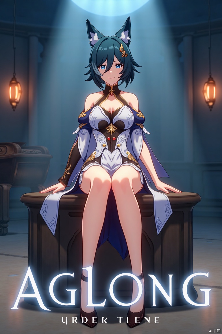 A cinematic movie poster featuring Yukong, a solo 1girl character, sitting with legs crossed, looking directly at the viewer. She has short blue hair with bangs, a hair ornament, and strands of hair between her eyes. Her blue eyes are expressive, and she wears a dress with bare shoulders and detached sleeves, showcasing medium breasts. Animal ears adorn her head, and she is dressed in high heels. The poster includes three-dimensional text AGlong prominently in the middle, with the poster theme below it. The scene is illuminated with dramatic lighting, emphasizing her elegant pose and attire, set against a cinematic background with a focus on her full-body presence.