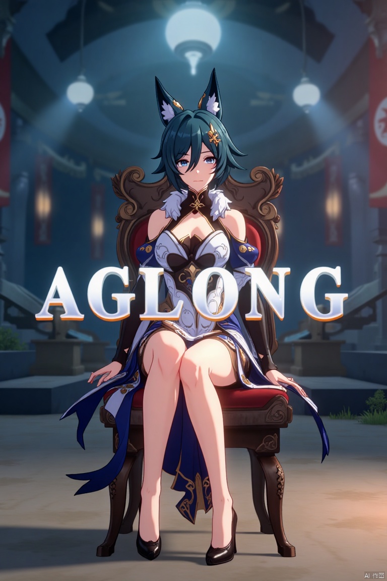 A cinematic movie poster featuring Yukong, a solo 1girl character, sitting with legs crossed, looking directly at the viewer. She has short blue hair with bangs, a hair ornament, and strands of hair between her eyes. Her blue eyes are expressive, and she wears a dress with bare shoulders and detached sleeves, showcasing medium breasts. Animal ears adorn her head, and she is dressed in high heels. The poster includes three-dimensional text AGlong prominently in the middle, with the poster theme below it. The scene is illuminated with dramatic lighting, emphasizing her elegant pose and attire, set against a cinematic background with a focus on her full-body presence.