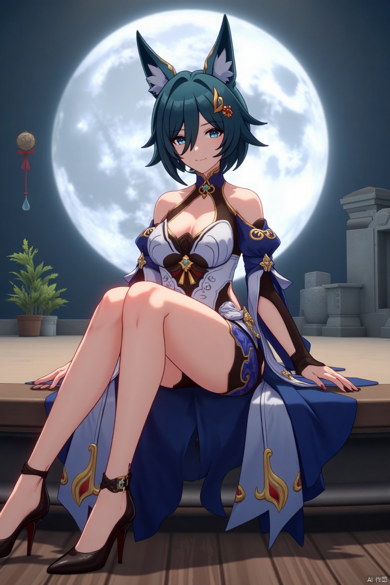 A cinematic movie poster featuring Yukong, a solo 1girl character, sitting with legs crossed, looking directly at the viewer. She has short blue hair with bangs, a hair ornament, and strands of hair between her eyes. Her blue eyes are expressive, and she wears a dress with bare shoulders and detached sleeves, showcasing medium breasts. Animal ears adorn her head, and she is dressed in high heels. The poster includes three-dimensional text AGlong prominently in the middle, with the poster theme below it. The scene is illuminated with dramatic lighting, emphasizing her elegant pose and attire, set against a cinematic background with a focus on her full-body presence.