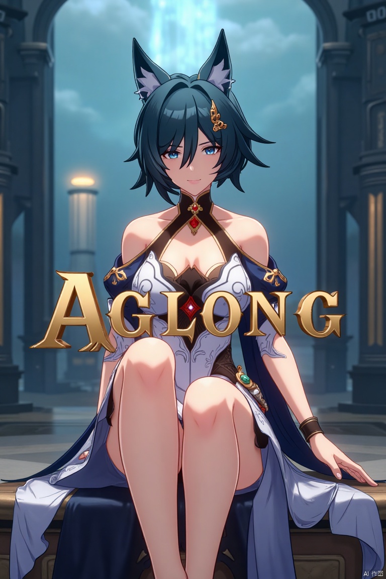 A cinematic movie poster featuring Yukong, a solo 1girl character, sitting with legs crossed, looking directly at the viewer. She has short blue hair with bangs, a hair ornament, and strands of hair between her eyes. Her blue eyes are expressive, and she wears a dress with bare shoulders and detached sleeves, showcasing medium breasts. Animal ears adorn her head, and she is dressed in high heels. The poster includes three-dimensional text AGlong prominently in the middle, with the poster theme below it. The scene is illuminated with dramatic lighting, emphasizing her elegant pose and attire, set against a cinematic background with a focus on her full-body presence.