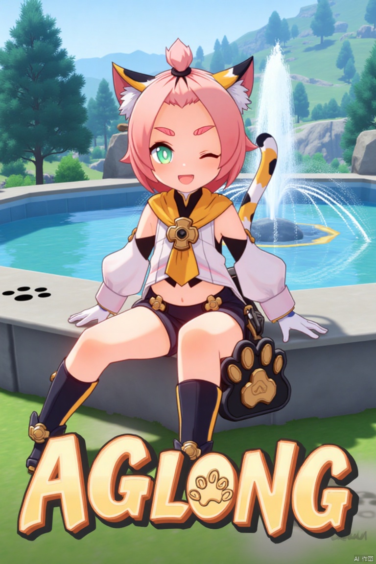 1girl, solo, sitting outdoors near a fountain, looking at viewer with a smile, one eye closed, short pink hair with bangs pinned back, green eyes, open mouth, cat ears with animal ear fluff, cat tail, navel exposed, wearing black shorts and puffy shorts, detached sleeves, white gloves, black boots, holding a bag with paw print design, thick eyebrows, cat girl theme, surrounded by a tree and paw prints on the ground, cinematic lighting, dynamic composition, movie poster style with three-dimensional text AGlong in the middle below, inspired by Diona from Genshin Impact.