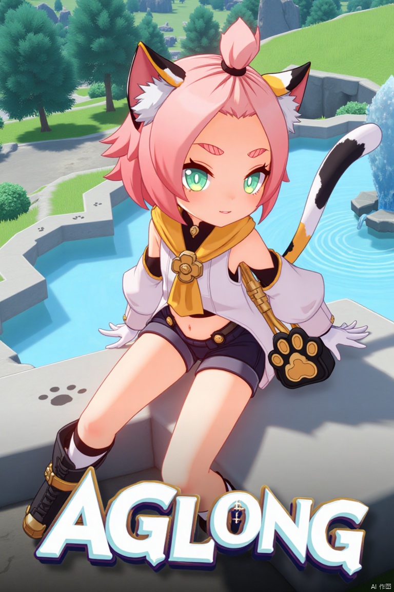 1girl, solo, sitting outdoors near a fountain, looking at viewer with a smile, one eye closed, short pink hair with bangs pinned back, green eyes, open mouth, cat ears with animal ear fluff, cat tail, navel exposed, wearing black shorts and puffy shorts, detached sleeves, white gloves, black boots, holding a bag with paw print design, thick eyebrows, cat girl theme, surrounded by a tree and paw prints on the ground, cinematic lighting, dynamic composition, movie poster style with three-dimensional text AGlong in the middle below, inspired by Diona from Genshin Impact.