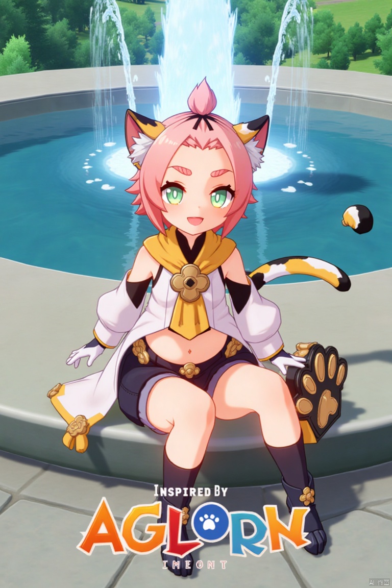 1girl, solo, sitting outdoors near a fountain, looking at viewer with a smile, one eye closed, short pink hair with bangs pinned back, green eyes, open mouth, cat ears with animal ear fluff, cat tail, navel exposed, wearing black shorts and puffy shorts, detached sleeves, white gloves, black boots, holding a bag with paw print design, thick eyebrows, cat girl theme, surrounded by a tree and paw prints on the ground, cinematic lighting, dynamic composition, movie poster style with three-dimensional text AGlong in the middle below, inspired by Diona from Genshin Impact.