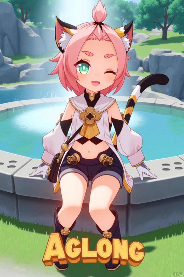 1girl, solo, sitting outdoors near a fountain, looking at viewer with a smile, one eye closed, short pink hair with bangs pinned back, green eyes, open mouth, cat ears with animal ear fluff, cat tail, navel exposed, wearing black shorts and puffy shorts, detached sleeves, white gloves, black boots, holding a bag with paw print design, thick eyebrows, cat girl theme, surrounded by a tree and paw prints on the ground, cinematic lighting, dynamic composition, movie poster style with three-dimensional text AGlong in the middle below, inspired by Diona from Genshin Impact.