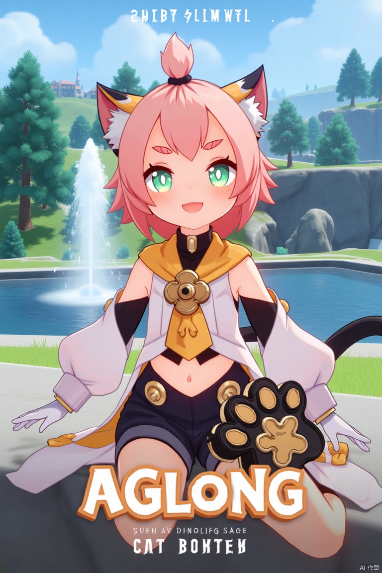 1girl, solo, sitting outdoors near a fountain, looking at viewer with a smile, one eye closed, short pink hair with bangs pinned back, green eyes, open mouth, cat ears with animal ear fluff, cat tail, navel exposed, wearing black shorts and puffy shorts, detached sleeves, white gloves, black boots, holding a bag with paw print design, thick eyebrows, cat girl theme, surrounded by a tree and paw prints on the ground, cinematic lighting, dynamic composition, movie poster style with three-dimensional text AGlong in the middle below, inspired by Diona from Genshin Impact.