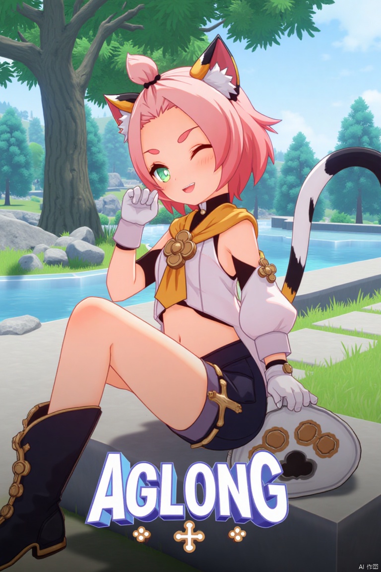 1girl, solo, sitting outdoors near a fountain, looking at viewer with a smile, one eye closed, short pink hair with bangs pinned back, green eyes, open mouth, cat ears with animal ear fluff, cat tail, navel exposed, wearing black shorts and puffy shorts, detached sleeves, white gloves, black boots, holding a bag with paw print design, thick eyebrows, cat girl theme, surrounded by a tree and paw prints on the ground, cinematic lighting, dynamic composition, movie poster style with three-dimensional text AGlong in the middle below, inspired by Diona from Genshin Impact.