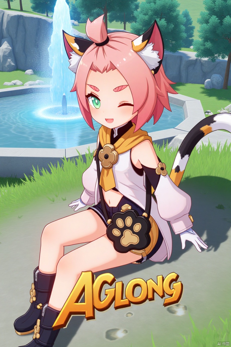 1girl, solo, sitting outdoors near a fountain, looking at viewer with a smile, one eye closed, short pink hair with bangs pinned back, green eyes, open mouth, cat ears with animal ear fluff, cat tail, navel exposed, wearing black shorts and puffy shorts, detached sleeves, white gloves, black boots, holding a bag with paw print design, thick eyebrows, cat girl theme, surrounded by a tree and paw prints on the ground, cinematic lighting, dynamic composition, movie poster style with three-dimensional text AGlong in the middle below, inspired by Diona from Genshin Impact.