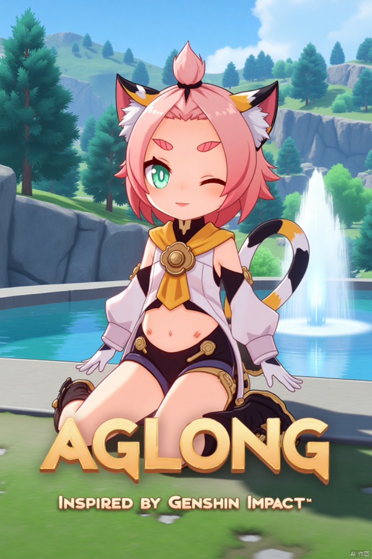 1girl, solo, sitting outdoors near a fountain, looking at viewer with a smile, one eye closed, short pink hair with bangs pinned back, green eyes, open mouth, cat ears with animal ear fluff, cat tail, navel exposed, wearing black shorts and puffy shorts, detached sleeves, white gloves, black boots, holding a bag with paw print design, thick eyebrows, cat girl theme, surrounded by a tree and paw prints on the ground, cinematic lighting, dynamic composition, movie poster style with three-dimensional text AGlong in the middle below, inspired by Diona from Genshin Impact.