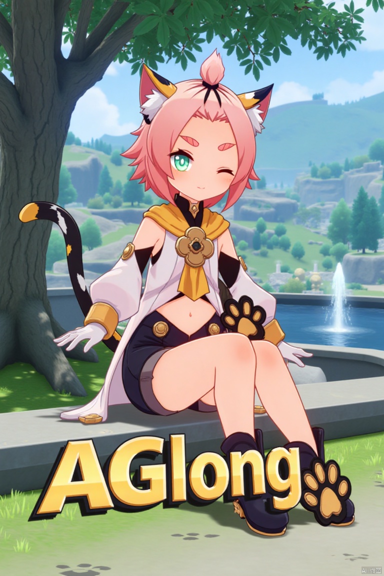1girl, solo, sitting outdoors near a fountain, looking at viewer with a smile, one eye closed, short pink hair with bangs pinned back, green eyes, open mouth, cat ears with animal ear fluff, cat tail, navel exposed, wearing black shorts and puffy shorts, detached sleeves, white gloves, black boots, holding a bag with paw print design, thick eyebrows, cat girl theme, surrounded by a tree and paw prints on the ground, cinematic lighting, dynamic composition, movie poster style with three-dimensional text AGlong in the middle below, inspired by Diona from Genshin Impact.