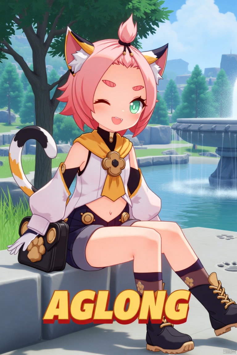 1girl, solo, sitting outdoors near a fountain, looking at viewer with a smile, one eye closed, short pink hair with bangs pinned back, green eyes, open mouth, cat ears with animal ear fluff, cat tail, navel exposed, wearing black shorts and puffy shorts, detached sleeves, white gloves, black boots, holding a bag with paw print design, thick eyebrows, cat girl theme, surrounded by a tree and paw prints on the ground, cinematic lighting, dynamic composition, movie poster style with three-dimensional text AGlong in the middle below, inspired by Diona from Genshin Impact.