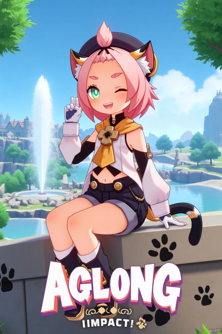 1girl, solo, looking at viewer with a smile, short pink hair, one eye closed, open mouth, green eyes, sitting outdoors near a fountain, wearing detached sleeves, black shorts, puffy shorts, white gloves, boots, hat, navel exposed, cat ears, cat tail, animal ear fluff, paw print on shorts, bangs pinned back, holding a bag, thick eyebrows, surrounded by a tree and paw prints, inspired by Diona (Genshin Impact). Movie poster style with three-dimensional text AGlong in the middle below, vibrant lighting, detailed composition, and a playful atmosphere.