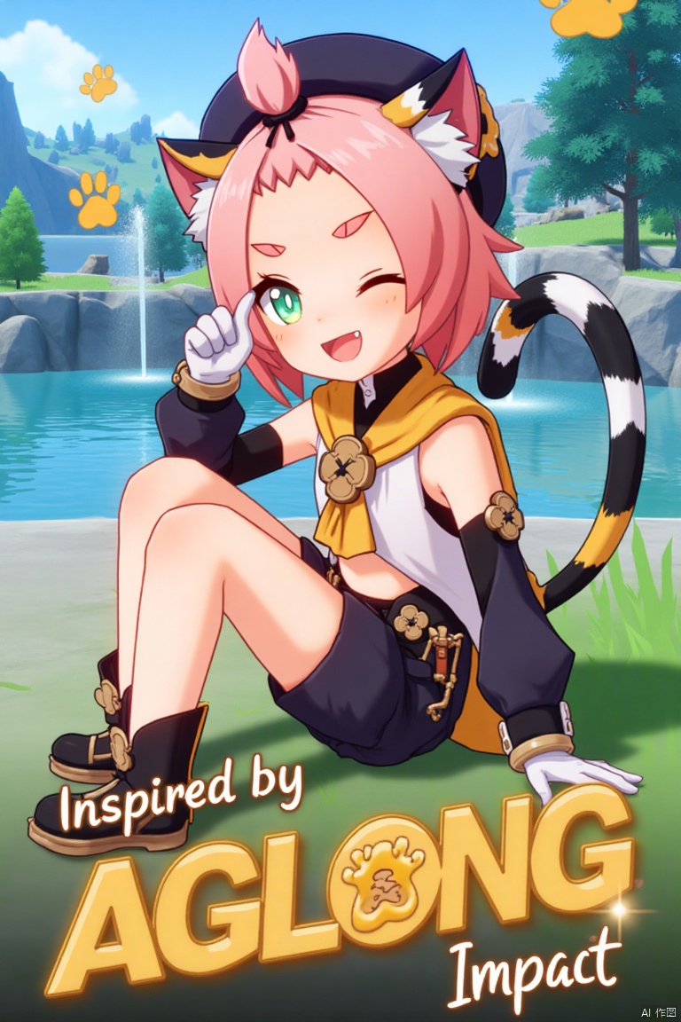 1girl, solo, looking at viewer with a smile, short pink hair, one eye closed, open mouth, green eyes, sitting outdoors near a fountain, wearing detached sleeves, black shorts, puffy shorts, white gloves, boots, hat, navel exposed, cat ears, cat tail, animal ear fluff, paw print on shorts, bangs pinned back, holding a bag, thick eyebrows, surrounded by a tree and paw prints, inspired by Diona (Genshin Impact). Movie poster style with three-dimensional text AGlong in the middle below, vibrant lighting, detailed composition, and a playful atmosphere.