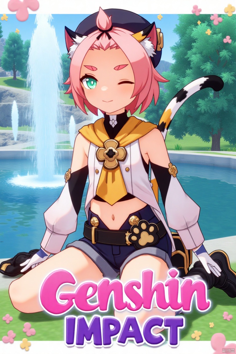 1girl, solo, looking at viewer with a smile, short pink hair, one eye closed, open mouth, green eyes, sitting outdoors near a fountain, wearing detached sleeves, black shorts, puffy shorts, white gloves, boots, hat, navel exposed, cat ears, cat tail, animal ear fluff, paw print on shorts, bangs pinned back, holding a bag, thick eyebrows, surrounded by a tree and paw prints, inspired by Diona (Genshin Impact). Movie poster style with three-dimensional text AGlong in the middle below, vibrant lighting, detailed composition, and a playful atmosphere.