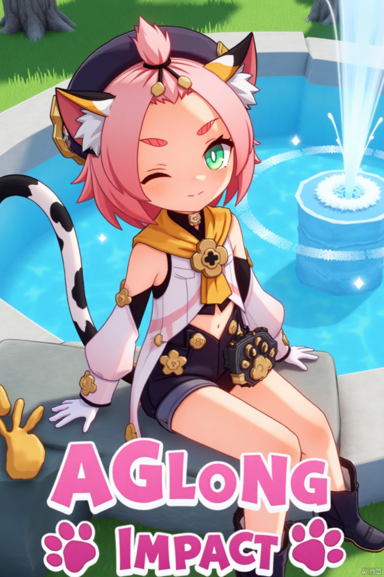 1girl, solo, looking at viewer with a smile, short pink hair, one eye closed, open mouth, green eyes, sitting outdoors near a fountain, wearing detached sleeves, black shorts, puffy shorts, white gloves, boots, hat, navel exposed, cat ears, cat tail, animal ear fluff, paw print on shorts, bangs pinned back, holding a bag, thick eyebrows, surrounded by a tree and paw prints, inspired by Diona (Genshin Impact). Movie poster style with three-dimensional text AGlong in the middle below, vibrant lighting, detailed composition, and a playful atmosphere.