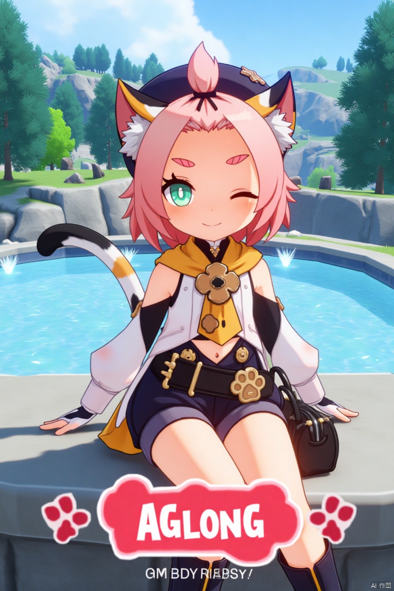 1girl, solo, looking at viewer with a smile, short pink hair, one eye closed, open mouth, green eyes, sitting outdoors near a fountain, wearing detached sleeves, black shorts, puffy shorts, white gloves, boots, hat, navel exposed, cat ears, cat tail, animal ear fluff, paw print on shorts, bangs pinned back, holding a bag, thick eyebrows, surrounded by a tree and paw prints, inspired by Diona (Genshin Impact). Movie poster style with three-dimensional text AGlong in the middle below, vibrant lighting, detailed composition, and a playful atmosphere.