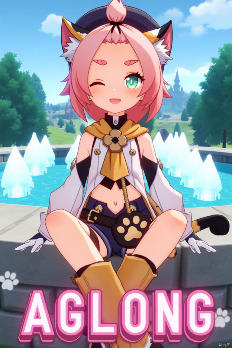 1girl, solo, looking at viewer with a smile, short pink hair, one eye closed, open mouth, green eyes, sitting outdoors near a fountain, wearing detached sleeves, black shorts, puffy shorts, white gloves, boots, hat, navel exposed, cat ears, cat tail, animal ear fluff, paw print on shorts, bangs pinned back, holding a bag, thick eyebrows, surrounded by a tree and paw prints, inspired by Diona (Genshin Impact). Movie poster style with three-dimensional text AGlong in the middle below, vibrant lighting, detailed composition, and a playful atmosphere.