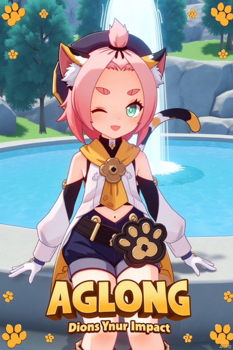 1girl, solo, looking at viewer with a smile, short pink hair, one eye closed, open mouth, green eyes, sitting outdoors near a fountain, wearing detached sleeves, black shorts, puffy shorts, white gloves, boots, hat, navel exposed, cat ears, cat tail, animal ear fluff, paw print on shorts, bangs pinned back, holding a bag, thick eyebrows, surrounded by a tree and paw prints, inspired by Diona (Genshin Impact). Movie poster style with three-dimensional text AGlong in the middle below, vibrant lighting, detailed composition, and a playful atmosphere.