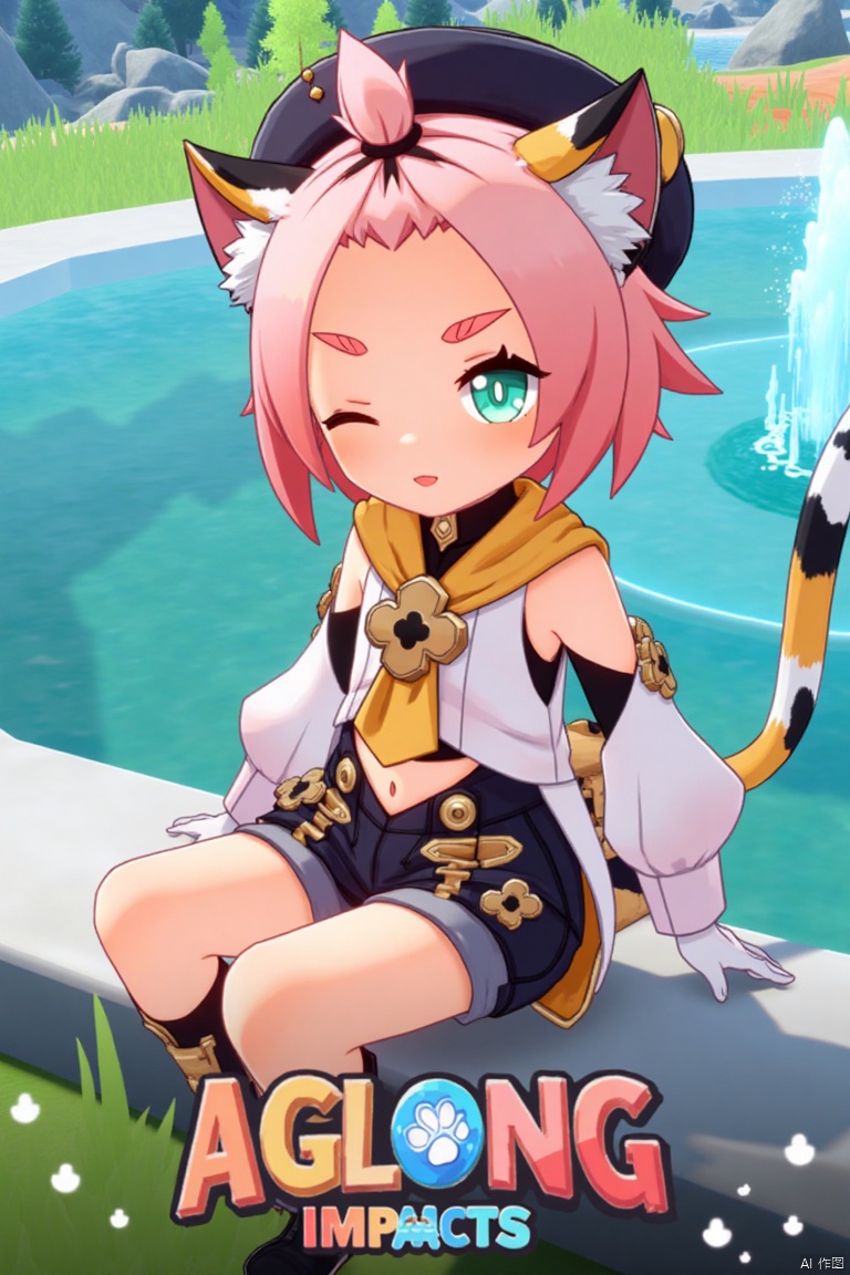 1girl, solo, looking at viewer with a smile, short pink hair, one eye closed, open mouth, green eyes, sitting outdoors near a fountain, wearing detached sleeves, black shorts, puffy shorts, white gloves, boots, hat, navel exposed, cat ears, cat tail, animal ear fluff, paw print on shorts, bangs pinned back, holding a bag, thick eyebrows, surrounded by a tree and paw prints, inspired by Diona (Genshin Impact). Movie poster style with three-dimensional text AGlong in the middle below, vibrant lighting, detailed composition, and a playful atmosphere.