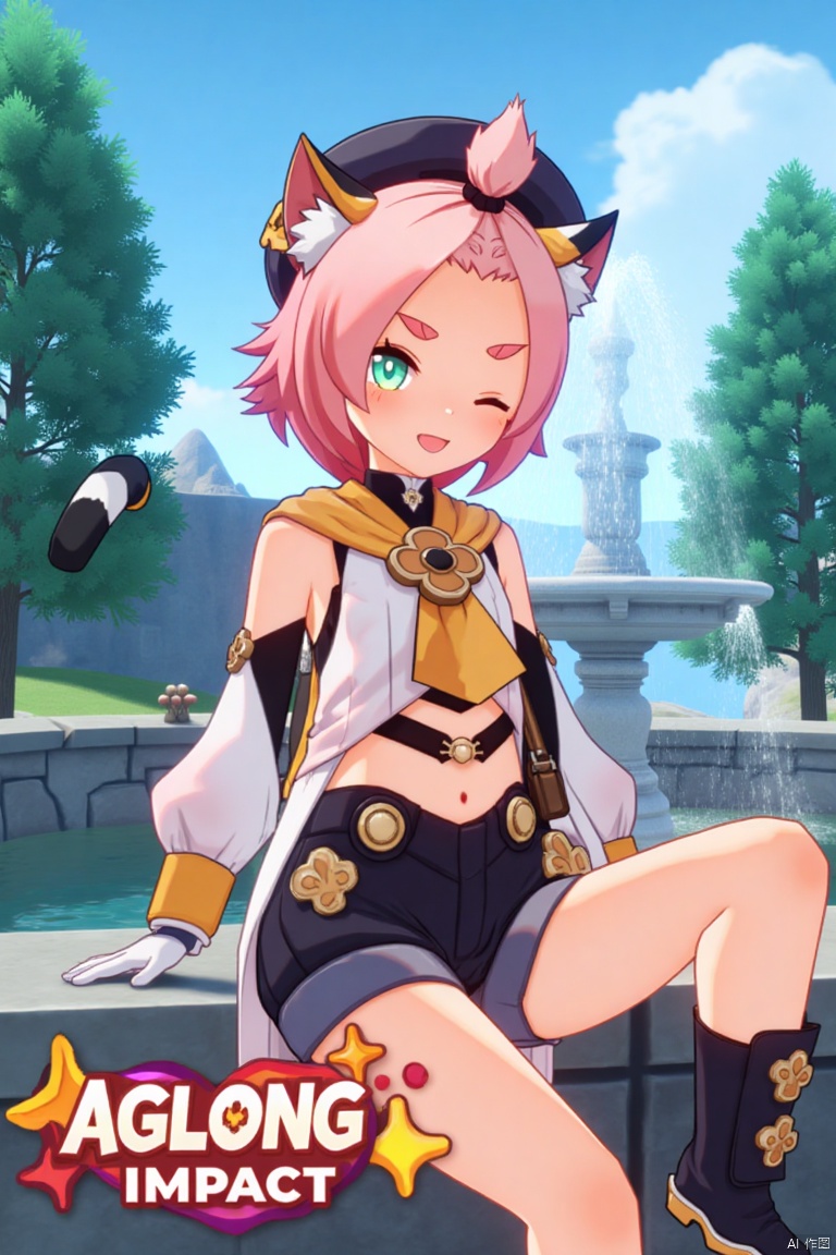 1girl, solo, looking at viewer with a smile, short pink hair, one eye closed, open mouth, green eyes, sitting outdoors near a fountain, wearing detached sleeves, black shorts, puffy shorts, white gloves, boots, hat, navel exposed, cat ears, cat tail, animal ear fluff, paw print on shorts, bangs pinned back, holding a bag, thick eyebrows, surrounded by a tree and paw prints, inspired by Diona (Genshin Impact). Movie poster style with three-dimensional text AGlong in the middle below, vibrant lighting, detailed composition, and a playful atmosphere.