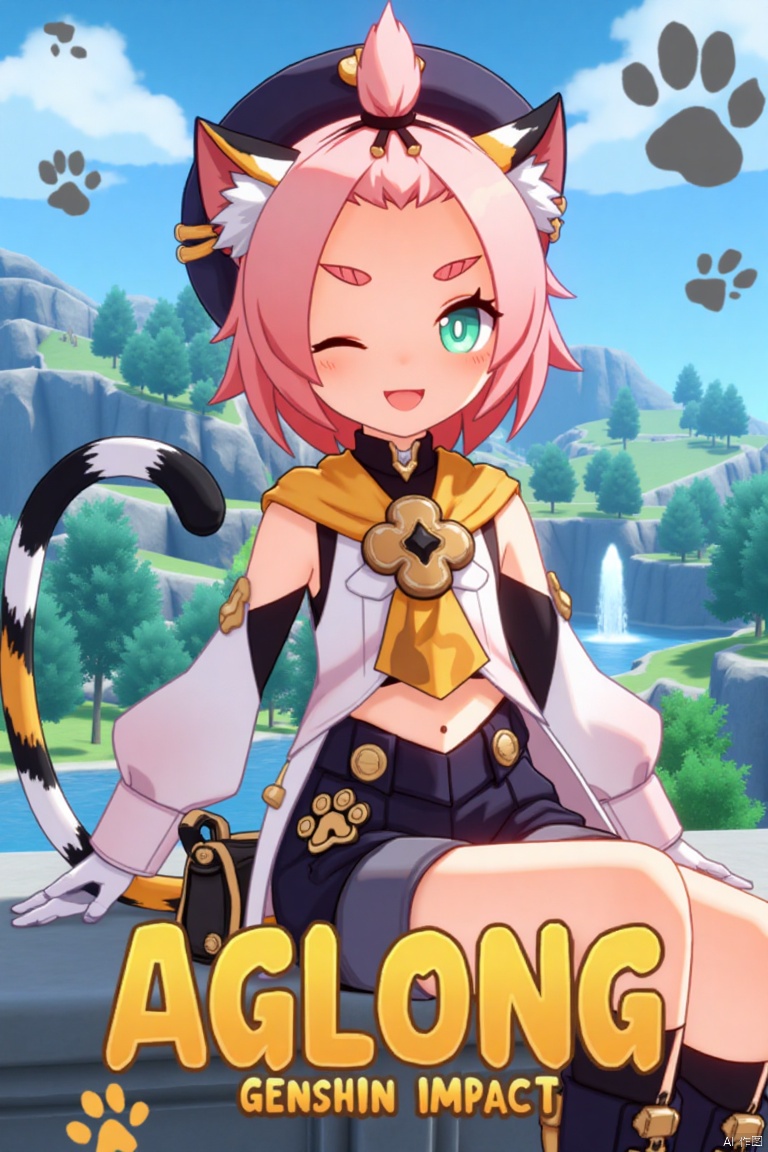 1girl, solo, looking at viewer with a smile, short pink hair, one eye closed, open mouth, green eyes, sitting outdoors near a fountain, wearing detached sleeves, black shorts, puffy shorts, white gloves, boots, hat, navel exposed, cat ears, cat tail, animal ear fluff, paw print on shorts, bangs pinned back, holding a bag, thick eyebrows, surrounded by a tree and paw prints, inspired by Diona (Genshin Impact). Movie poster style with three-dimensional text AGlong in the middle below, vibrant lighting, detailed composition, and a playful atmosphere.