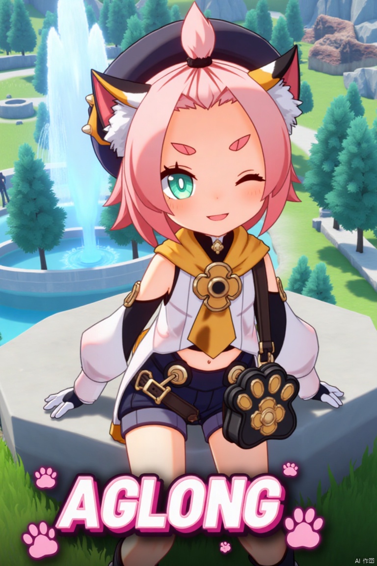 1girl, solo, looking at viewer with a smile, short pink hair, one eye closed, open mouth, green eyes, sitting outdoors near a fountain, wearing detached sleeves, black shorts, puffy shorts, white gloves, boots, hat, navel exposed, cat ears, cat tail, animal ear fluff, paw print on shorts, bangs pinned back, holding a bag, thick eyebrows, surrounded by a tree and paw prints, inspired by Diona (Genshin Impact). Movie poster style with three-dimensional text AGlong in the middle below, vibrant lighting, detailed composition, and a playful atmosphere.