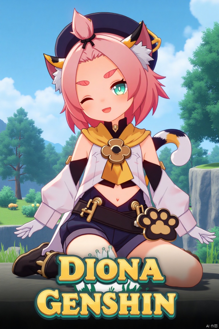 1girl, solo, looking at viewer, smiling, short hair, open mouth, white gloves, hat, navel, cat ears, sitting, green eyes, cat tail, pink hair, boots, outdoors, detached sleeves, one eye closed, black shorts, bag, tree, animal ear fluff, cat, thick eyebrows, cat girl, paw print, bangs pinned back, puffy shorts, fountain, Diona (Genshin Impact). Movie poster style, three-dimensional text AGlong in the middle below, vibrant lighting, detailed composition, cinematic framing, dynamic pose, lush outdoor setting with a fountain and trees, colorful and eye-catching design.
