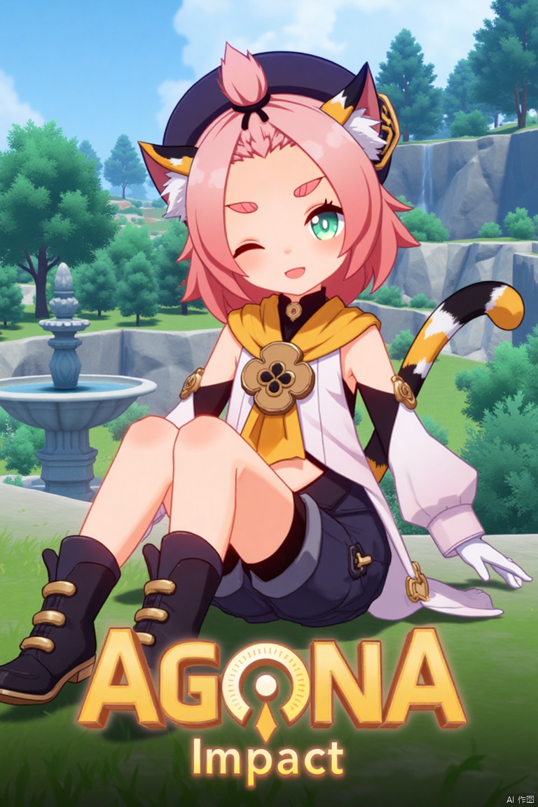 1girl, solo, looking at viewer, smiling, short hair, open mouth, white gloves, hat, navel, cat ears, sitting, green eyes, cat tail, pink hair, boots, outdoors, detached sleeves, one eye closed, black shorts, bag, tree, animal ear fluff, cat, thick eyebrows, cat girl, paw print, bangs pinned back, puffy shorts, fountain, Diona (Genshin Impact). Movie poster style, three-dimensional text AGlong in the middle below, vibrant lighting, detailed composition, cinematic framing, dynamic pose, lush outdoor setting with a fountain and trees, colorful and eye-catching design.
