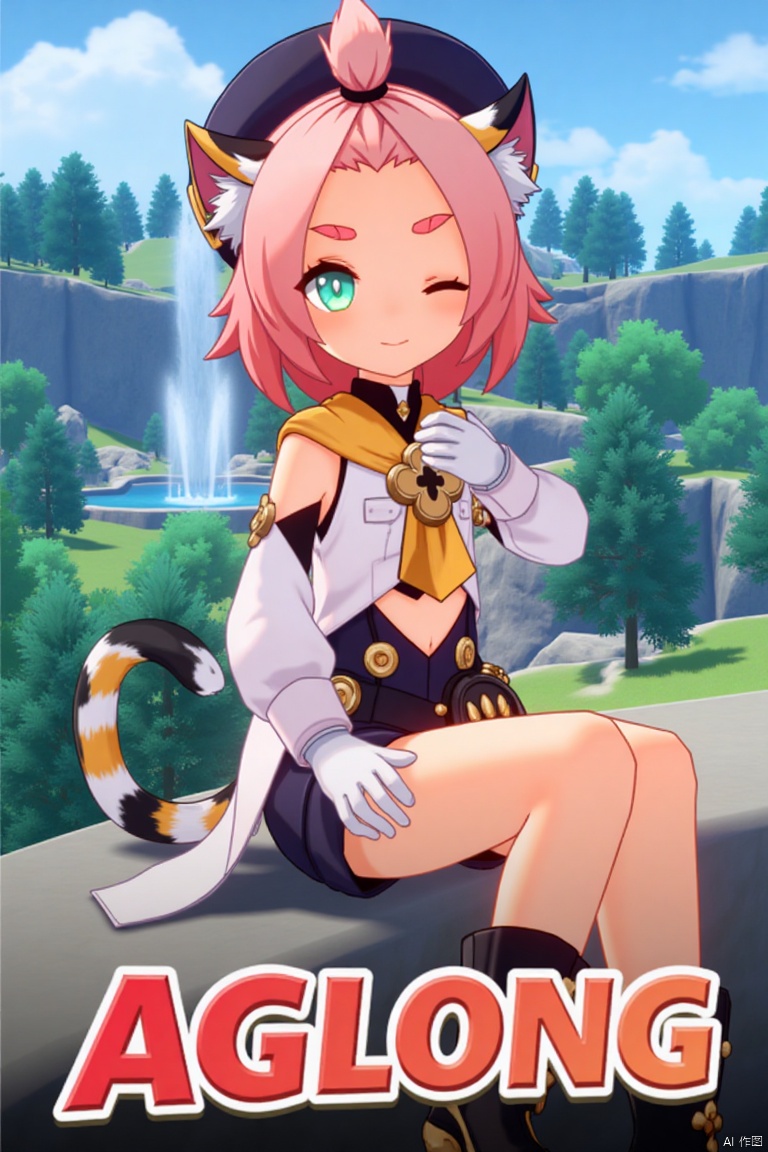1girl, solo, looking at viewer, smiling, short hair, open mouth, white gloves, hat, navel, cat ears, sitting, green eyes, cat tail, pink hair, boots, outdoors, detached sleeves, one eye closed, black shorts, bag, tree, animal ear fluff, cat, thick eyebrows, cat girl, paw print, bangs pinned back, puffy shorts, fountain, Diona (Genshin Impact). Movie poster style, three-dimensional text AGlong in the middle below, vibrant lighting, detailed composition, cinematic framing, dynamic pose, lush outdoor setting with a fountain and trees, colorful and eye-catching design.