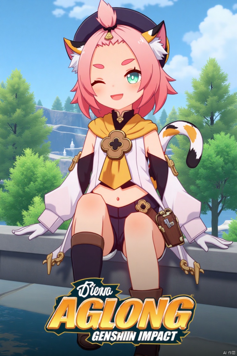 1girl, solo, looking at viewer, smiling, short hair, open mouth, white gloves, hat, navel, cat ears, sitting, green eyes, cat tail, pink hair, boots, outdoors, detached sleeves, one eye closed, black shorts, bag, tree, animal ear fluff, cat, thick eyebrows, cat girl, paw print, bangs pinned back, puffy shorts, fountain, Diona (Genshin Impact). Movie poster style, three-dimensional text AGlong in the middle below, vibrant lighting, detailed composition, cinematic framing, dynamic pose, lush outdoor setting with a fountain and trees, colorful and eye-catching design.