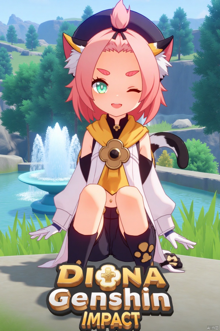 1girl, solo, looking at viewer, smiling, short hair, open mouth, white gloves, hat, navel, cat ears, sitting, green eyes, cat tail, pink hair, boots, outdoors, detached sleeves, one eye closed, black shorts, bag, tree, animal ear fluff, cat, thick eyebrows, cat girl, paw print, bangs pinned back, puffy shorts, fountain, Diona (Genshin Impact). Movie poster style, three-dimensional text AGlong in the middle below, vibrant lighting, detailed composition, cinematic framing, dynamic pose, lush outdoor setting with a fountain and trees, colorful and eye-catching design.