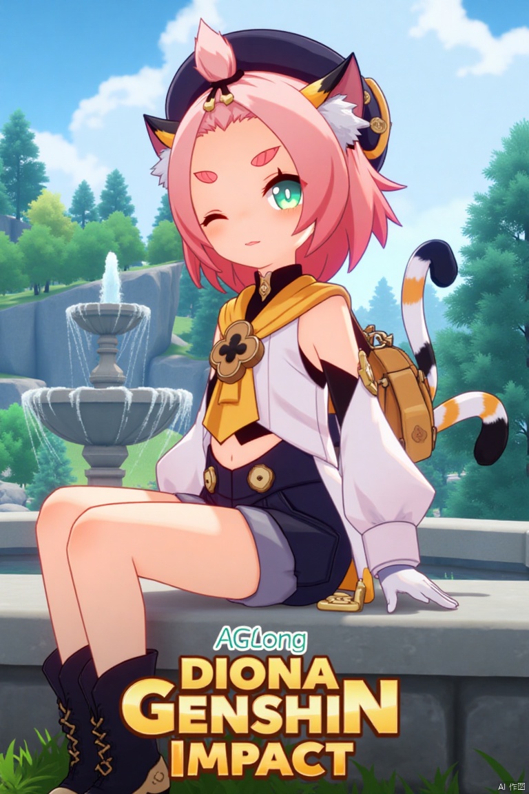 1girl, solo, looking at viewer, smiling, short hair, open mouth, white gloves, hat, navel, cat ears, sitting, green eyes, cat tail, pink hair, boots, outdoors, detached sleeves, one eye closed, black shorts, bag, tree, animal ear fluff, cat, thick eyebrows, cat girl, paw print, bangs pinned back, puffy shorts, fountain, Diona (Genshin Impact). Movie poster style, three-dimensional text AGlong in the middle below, vibrant lighting, detailed composition, cinematic framing, dynamic pose, lush outdoor setting with a fountain and trees, colorful and eye-catching design.