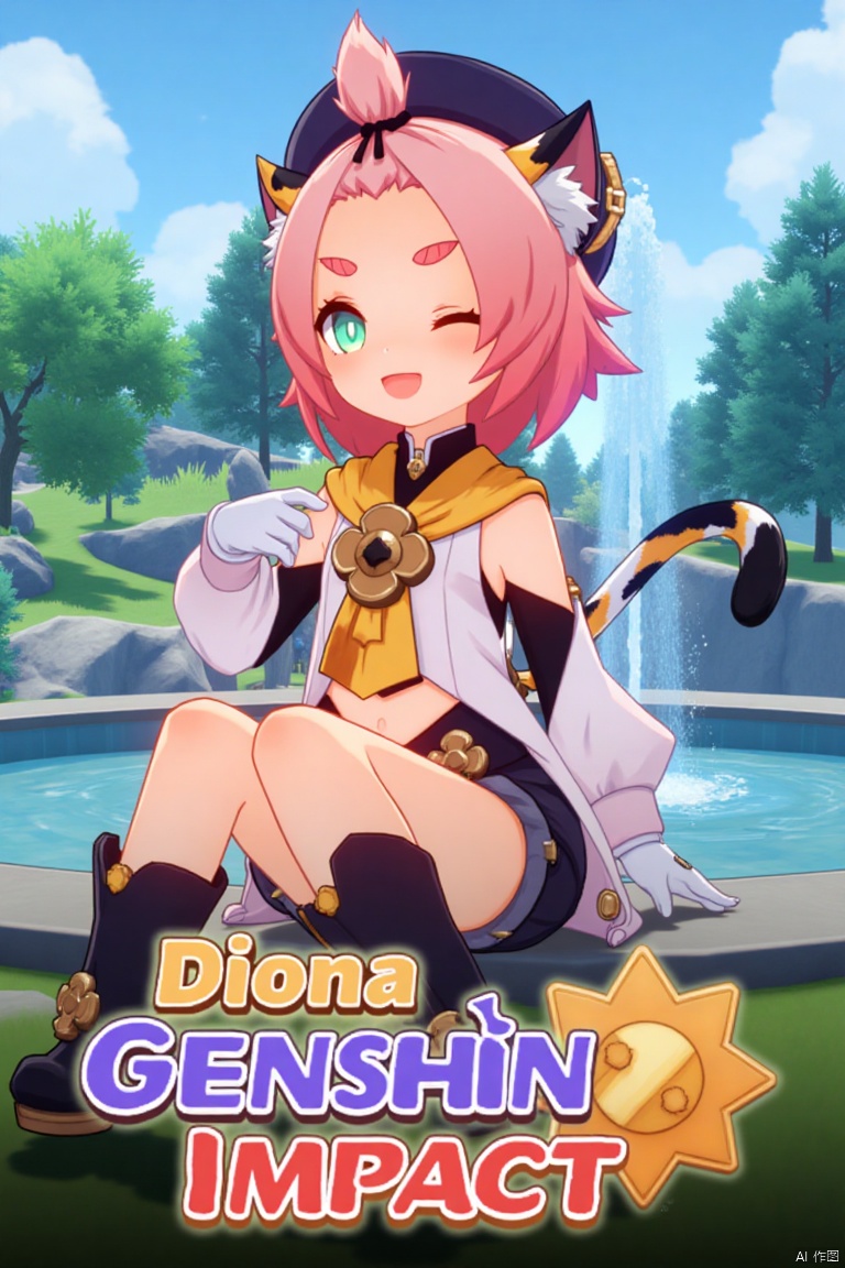 1girl, solo, looking at viewer, smiling, short hair, open mouth, white gloves, hat, navel, cat ears, sitting, green eyes, cat tail, pink hair, boots, outdoors, detached sleeves, one eye closed, black shorts, bag, tree, animal ear fluff, cat, thick eyebrows, cat girl, paw print, bangs pinned back, puffy shorts, fountain, Diona (Genshin Impact). Movie poster style, three-dimensional text AGlong in the middle below, vibrant lighting, detailed composition, cinematic framing, dynamic pose, lush outdoor setting with a fountain and trees, colorful and eye-catching design.