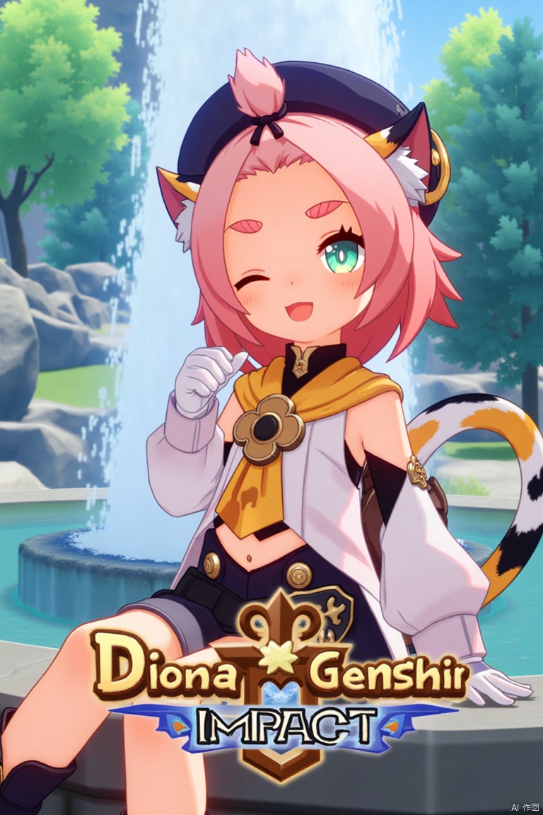 1girl, solo, looking at viewer, smiling, short hair, open mouth, white gloves, hat, navel, cat ears, sitting, green eyes, cat tail, pink hair, boots, outdoors, detached sleeves, one eye closed, black shorts, bag, tree, animal ear fluff, cat, thick eyebrows, cat girl, paw print, bangs pinned back, puffy shorts, fountain, Diona (Genshin Impact). Movie poster style, three-dimensional text AGlong in the middle below, vibrant lighting, detailed composition, cinematic framing, dynamic pose, lush outdoor setting with a fountain and trees, colorful and eye-catching design.