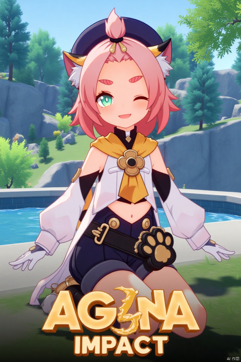 1girl, solo, looking at viewer, smiling, short hair, open mouth, white gloves, hat, navel, cat ears, sitting, green eyes, cat tail, pink hair, boots, outdoors, detached sleeves, one eye closed, black shorts, bag, tree, animal ear fluff, cat, thick eyebrows, cat girl, paw print, bangs pinned back, puffy shorts, fountain, Diona (Genshin Impact). Movie poster style, three-dimensional text AGlong in the middle below, vibrant lighting, detailed composition, cinematic framing, dynamic pose, lush outdoor setting with a fountain and trees, colorful and eye-catching design.