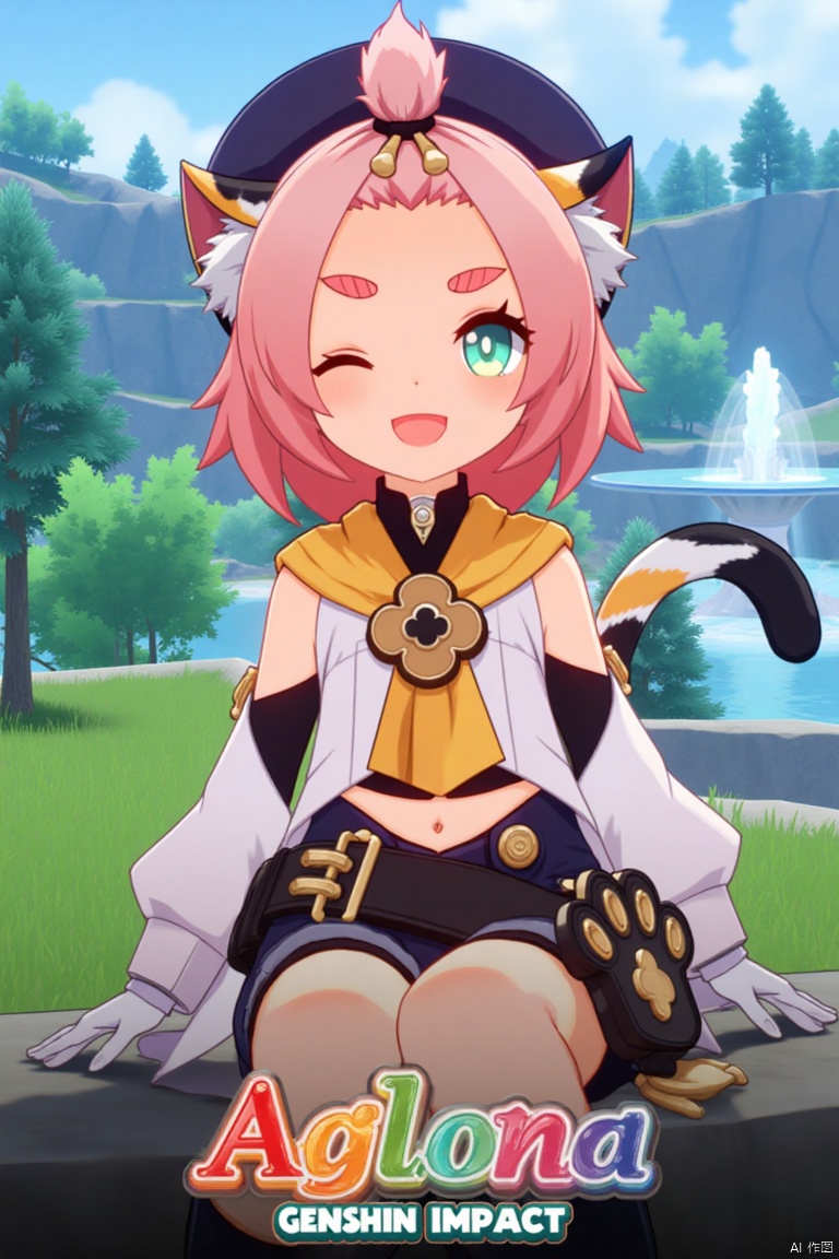 1girl, solo, looking at viewer, smiling, short hair, open mouth, white gloves, hat, navel, cat ears, sitting, green eyes, cat tail, pink hair, boots, outdoors, detached sleeves, one eye closed, black shorts, bag, tree, animal ear fluff, cat, thick eyebrows, cat girl, paw print, bangs pinned back, puffy shorts, fountain, Diona (Genshin Impact). Movie poster style, three-dimensional text AGlong in the middle below, vibrant lighting, detailed composition, cinematic framing, dynamic pose, lush outdoor setting with a fountain and trees, colorful and eye-catching design.
