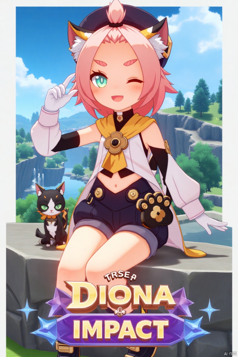 1girl, solo, looking at viewer, smiling, short hair, open mouth, white gloves, hat, navel, cat ears, sitting, green eyes, cat tail, pink hair, boots, outdoors, detached sleeves, one eye closed, black shorts, cat, thick eyebrows, animal ear fluff, paw print, bangs pinned back, puffy shorts, near a fountain, tree in background, Diona (Genshin Impact). Movie poster style, three-dimensional text AGlong in the middle below, vibrant lighting, detailed composition, cinematic framing, dynamic pose, colorful and lively atmosphere.