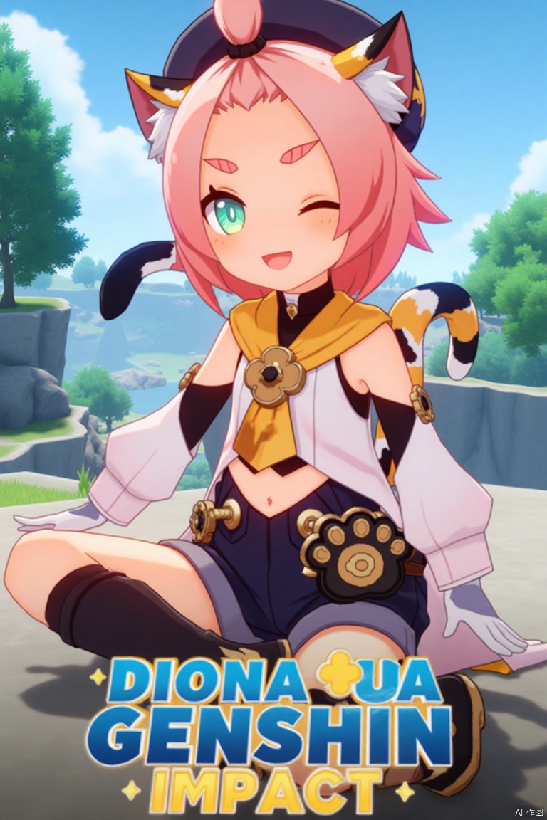 1girl, solo, looking at viewer, smiling, short hair, open mouth, white gloves, hat, navel, cat ears, sitting, green eyes, cat tail, pink hair, boots, outdoors, detached sleeves, one eye closed, black shorts, cat, thick eyebrows, animal ear fluff, paw print, bangs pinned back, puffy shorts, near a fountain, tree in background, Diona (Genshin Impact). Movie poster style, three-dimensional text AGlong in the middle below, vibrant lighting, detailed composition, cinematic framing, dynamic pose, colorful and lively atmosphere.