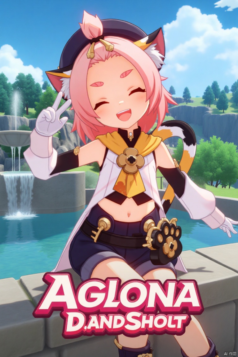 1girl, solo, looking at viewer, smiling, short hair, open mouth, white gloves, hat, navel, cat ears, sitting, green eyes, cat tail, pink hair, boots, outdoors, detached sleeves, one eye closed, black shorts, cat, thick eyebrows, animal ear fluff, paw print, bangs pinned back, puffy shorts, near a fountain, tree in background, Diona (Genshin Impact). Movie poster style, three-dimensional text AGlong in the middle below, vibrant lighting, detailed composition, cinematic framing, dynamic pose, colorful and lively atmosphere.