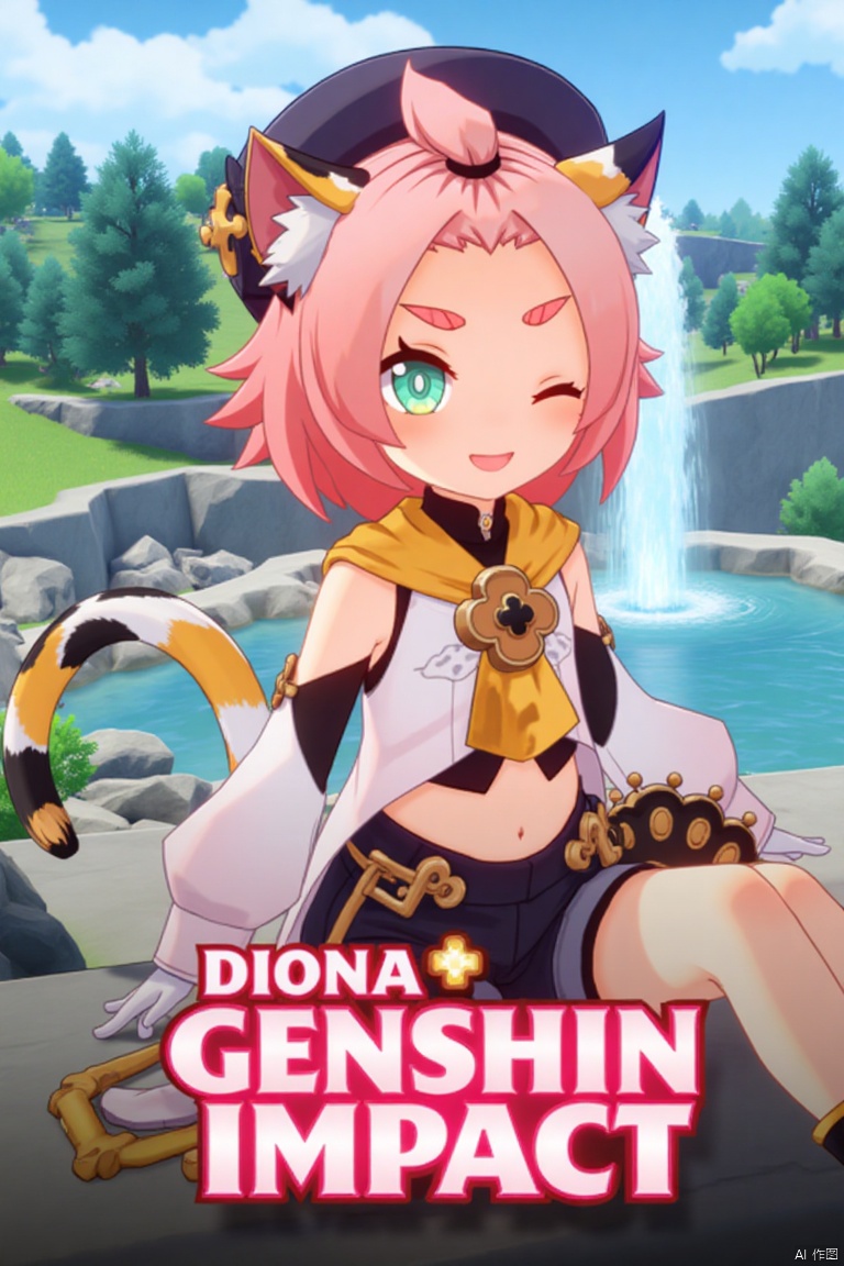 1girl, solo, looking at viewer, smiling, short hair, open mouth, white gloves, hat, navel, cat ears, sitting, green eyes, cat tail, pink hair, boots, outdoors, detached sleeves, one eye closed, black shorts, cat, thick eyebrows, animal ear fluff, paw print, bangs pinned back, puffy shorts, near a fountain, tree in background, Diona (Genshin Impact). Movie poster style, three-dimensional text AGlong in the middle below, vibrant lighting, detailed composition, cinematic framing, dynamic pose, colorful and lively atmosphere.