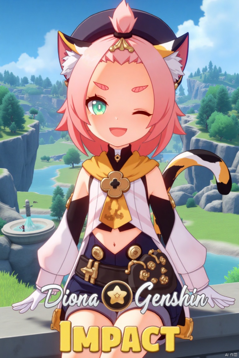 1girl, solo, looking at viewer, smiling, short hair, open mouth, white gloves, hat, navel, cat ears, sitting, green eyes, cat tail, pink hair, boots, outdoors, detached sleeves, one eye closed, black shorts, cat, thick eyebrows, animal ear fluff, paw print, bangs pinned back, puffy shorts, near a fountain, tree in background, Diona (Genshin Impact). Movie poster style, three-dimensional text AGlong in the middle below, vibrant lighting, detailed composition, cinematic framing, dynamic pose, colorful and lively atmosphere.