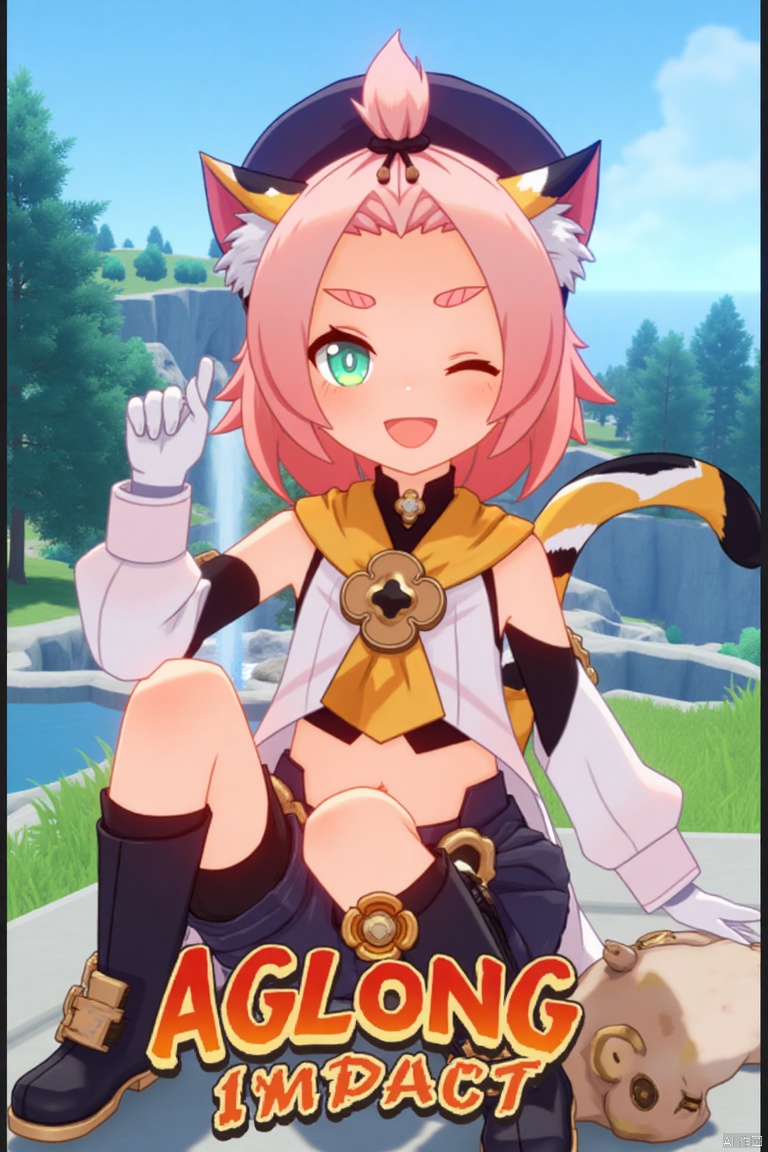 1girl, solo, looking at viewer, smiling, short hair, open mouth, white gloves, hat, navel, cat ears, sitting, green eyes, cat tail, pink hair, boots, outdoors, detached sleeves, one eye closed, black shorts, cat, thick eyebrows, animal ear fluff, paw print, bangs pinned back, puffy shorts, near a fountain, tree in background, Diona (Genshin Impact). Movie poster style, three-dimensional text AGlong in the middle below, vibrant lighting, detailed composition, cinematic framing, dynamic pose, colorful and lively atmosphere.