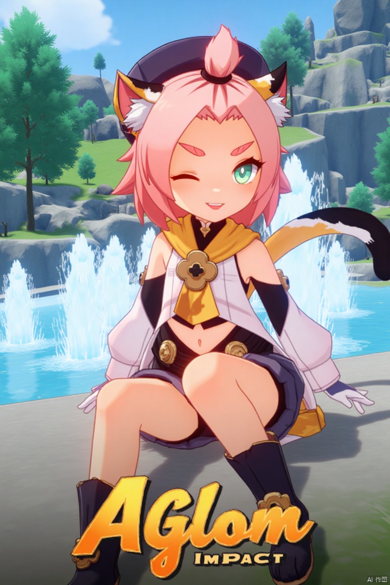 1girl, solo, looking at viewer, smiling, short hair, open mouth, white gloves, hat, navel, cat ears, sitting, green eyes, cat tail, pink hair, boots, outdoors, detached sleeves, one eye closed, black shorts, cat, thick eyebrows, animal ear fluff, paw print, bangs pinned back, puffy shorts, near a fountain, tree in background, Diona (Genshin Impact). Movie poster style, three-dimensional text AGlong in the middle below, vibrant lighting, detailed composition, cinematic framing, dynamic pose, colorful and lively atmosphere.