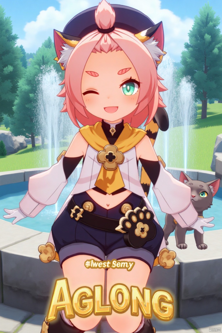 1girl, solo, looking at viewer, smiling, short hair, open mouth, white gloves, hat, navel, cat ears, sitting, green eyes, cat tail, pink hair, boots, outdoors, detached sleeves, one eye closed, black shorts, cat, thick eyebrows, animal ear fluff, paw print, bangs pinned back, puffy shorts, near a fountain, tree in background, Diona (Genshin Impact). Movie poster style, three-dimensional text AGlong in the middle below, vibrant lighting, detailed composition, cinematic framing, dynamic pose, colorful and lively atmosphere.