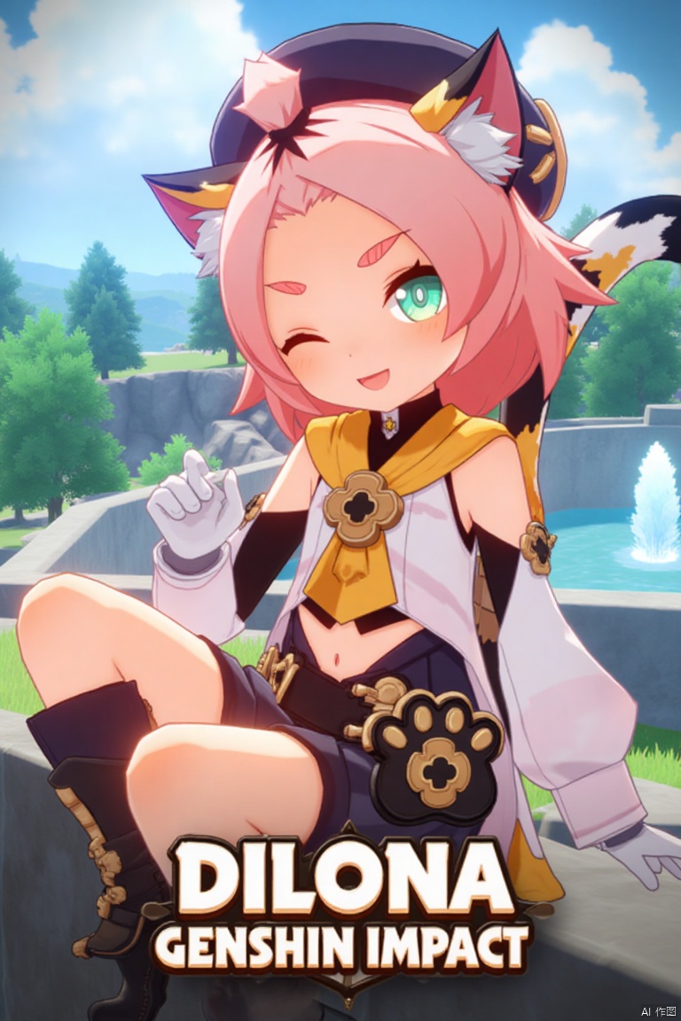 1girl, solo, looking at viewer, smiling, short hair, open mouth, white gloves, hat, navel, cat ears, sitting, green eyes, cat tail, pink hair, boots, outdoors, detached sleeves, one eye closed, black shorts, cat, thick eyebrows, animal ear fluff, paw print, bangs pinned back, puffy shorts, near a fountain, tree in background, Diona (Genshin Impact). Movie poster style, three-dimensional text AGlong in the middle below, vibrant lighting, detailed composition, cinematic framing, dynamic pose, colorful and lively atmosphere.